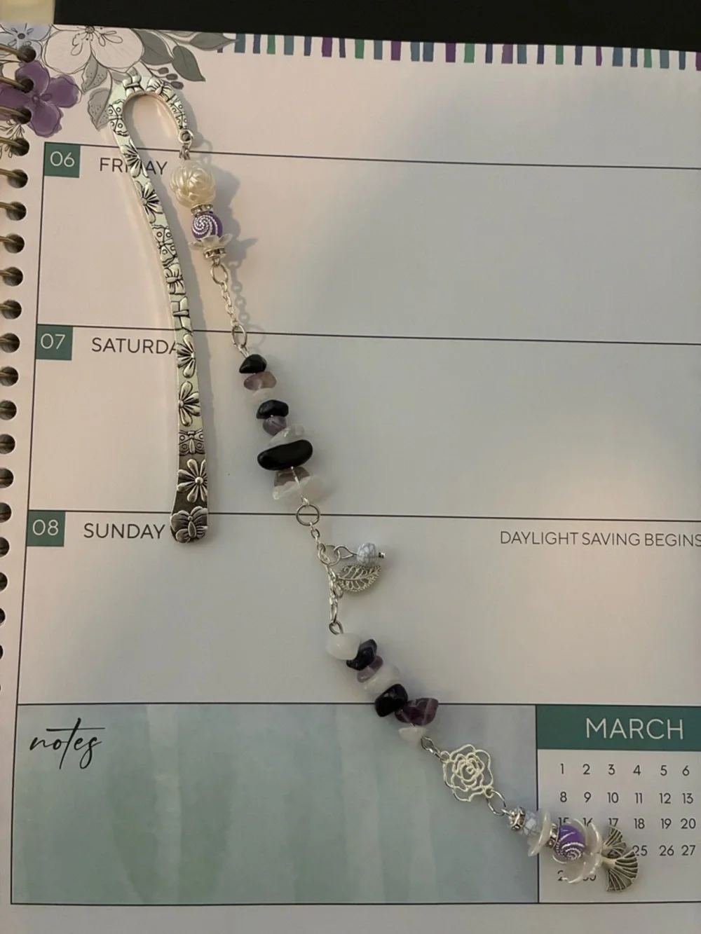 Silver Floral Bookmark with Purple and White Bead Tassel
